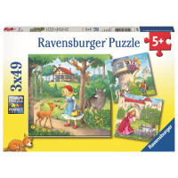 Ravensburger Kinderpuzzle - 08051 Rapunzel, Rotkäppchen & der Froschkönig - Puzzle für Kinder ab 5 Jahren, mit 3x49 Teilen