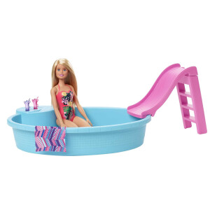 Barbie Pool Spielset mit Puppe (blond), Anziehpuppe, Barbie Möbel, Barbie Zubehör