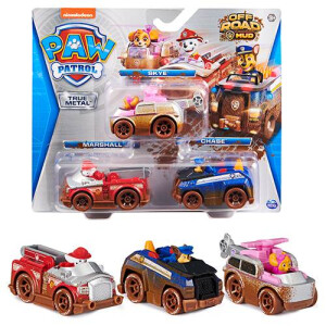 Paw Patrol True Metal 3er-Pack mit 3 Metall-Spielzeugautos von Skye, Chase und Marshall, Maßstab 1:55, für Kinder ab 3 Jahren, Design mit Offroad-Schlamm-Dekor