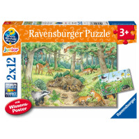 Ravensburger Kinderpuzzle - 05673 Tiere im Wald und auf der Wiese - 2x12 Teile + Wissensposter, Wieso? Weshalb? Warum? Puzzle für Kinder ab 3 Jahren