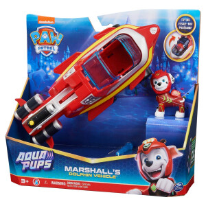 PAW Patrol, Aqua Pups - Basis Fahrzeug Spielzeugauto im Delfin-Design mit Marshall Welpenfigur