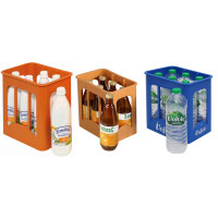 Getränkekisten gefüllt mit jeweils 6 Flaschen in der Sortierung:  Volvic, Hohes C und Landliebe Milch