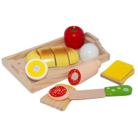Frühstückstablett zum Schneiden inklusive Schneidebrett mit Messer, einem Laib Brot, Toastbrot und Tomate
